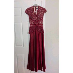 Vintage Y2K 2000's Jovani Beaded Sequin Lace Burgundy Gown Dress Sz 0